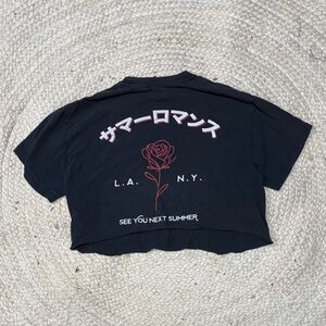 Black Graphic Crop Top with Red Rose Design
